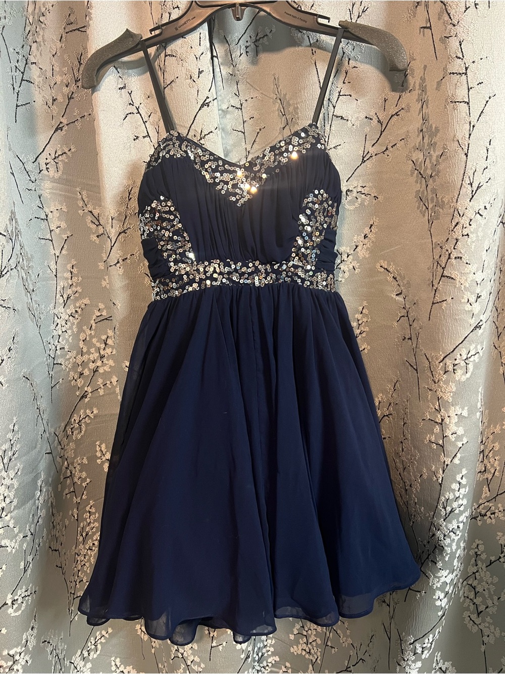 Jodi Kristopher Navy Blue Sequin-Embellished Spaghetti Strap Dress
